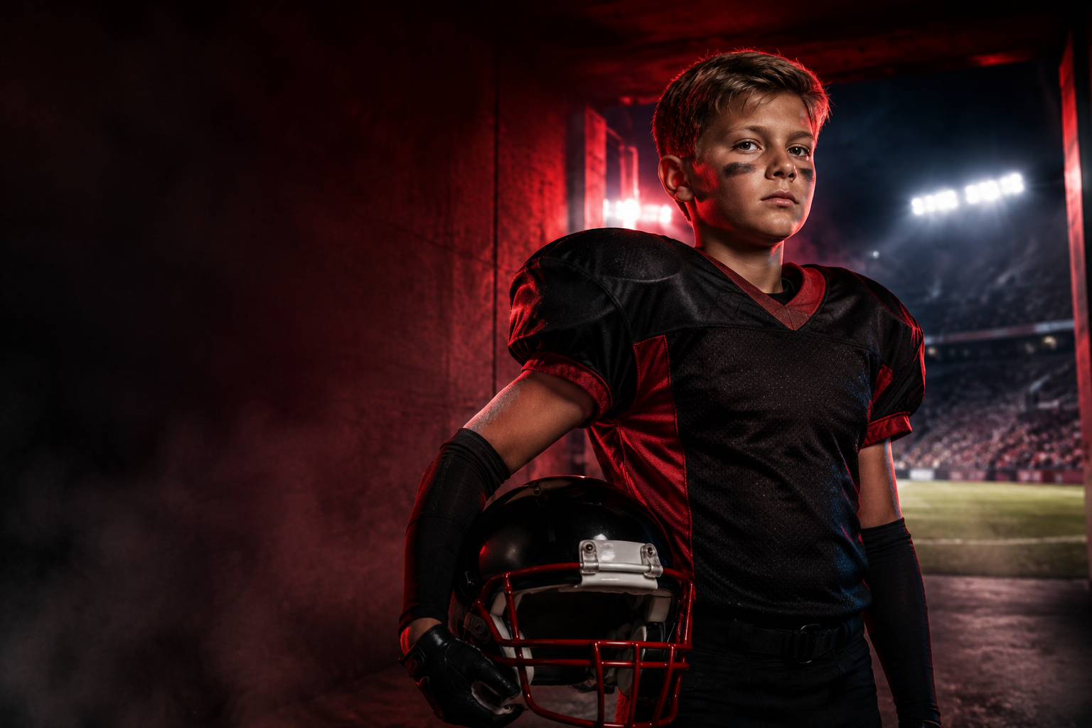 Youth football player entering a stadium under red lights